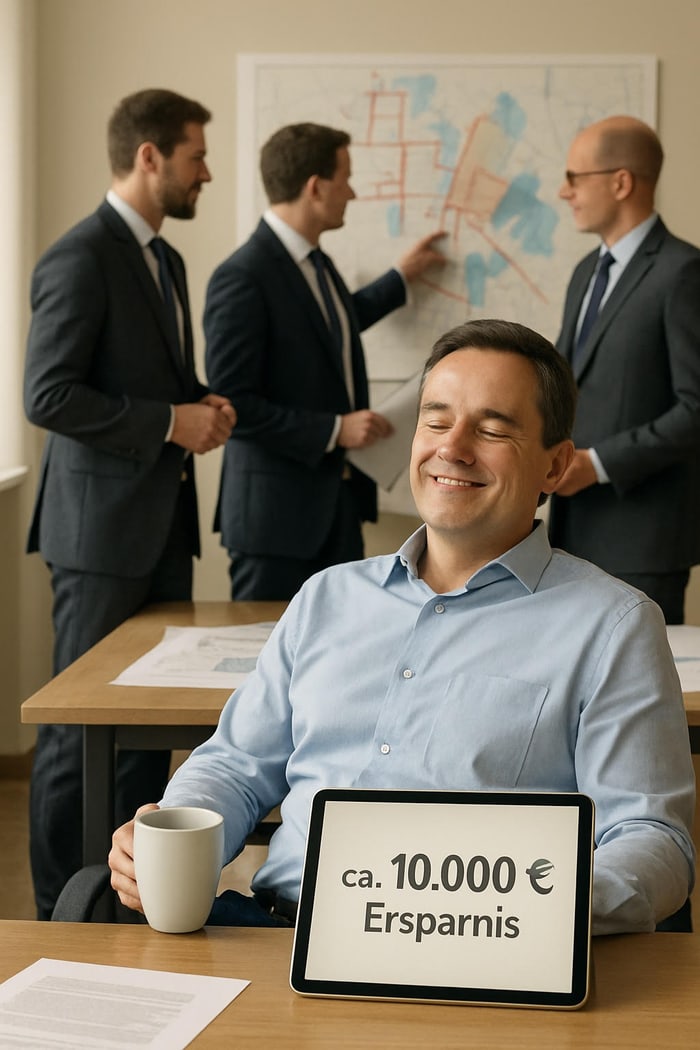 Lachender Bürgermeister mit geschlossenen Augen und Tablet auf dem Tisch, das „ca. 10.000 € Ersparnis“ anzeigt.