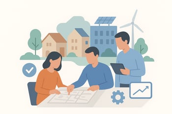 Ein Wärmeplaner und eine Bürgermeisterin planen eine nachhaltige Stadtentwicklung mit Solaranlagen und Windkraft.