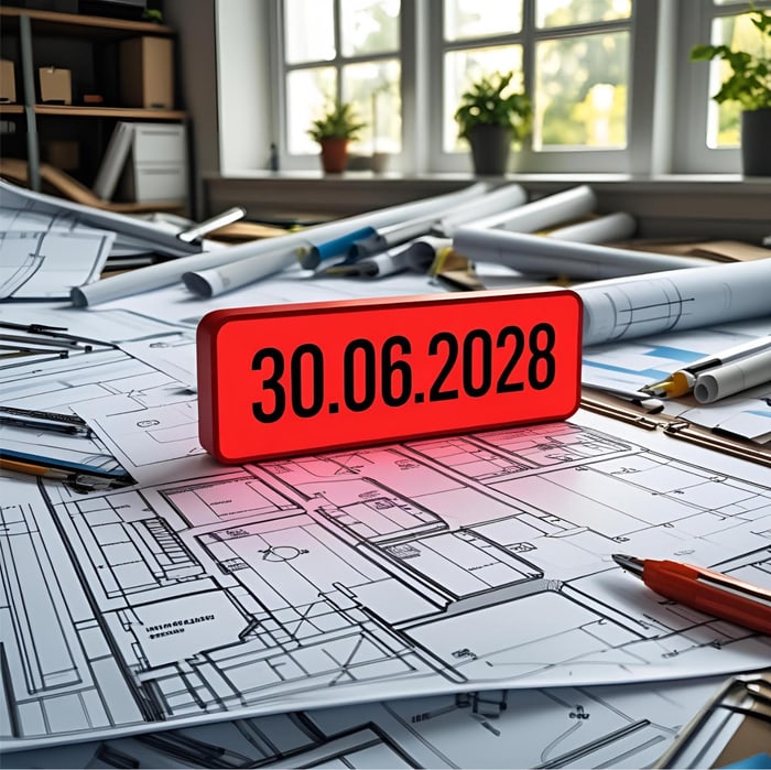 Rotes digitales Frist-Datum 30.06.2028 der kommunalen Wärmeplanung auf Bauplänen mit Stiften und einem Fenster im Hintergrund.